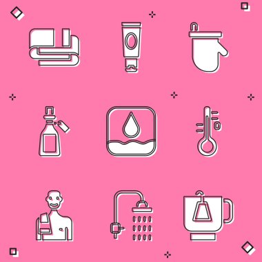 Havlu Yığını Kremi ya da losyon Kozmetik Tüpü Sauna Eldivenleri Sauna ve Duş ikonuna Termometre Adam 'ı koy. Vektör.