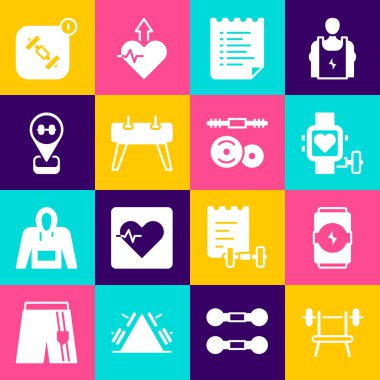 Halter Enerjisi içeceği Smart Heart Spor Eğitim Programı Pommel At Konumu Fitness Uygulaması ve Barbell ikonu ile Bench 'i ayarla. Vektör.