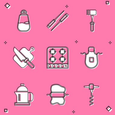 Tuzlu Yemek Çubukları Mutfak Çekici Kesme tahtası ve bıçak ocağı önlüğü Fransız presi ve Rolling Mangır ikonu. Vektör.