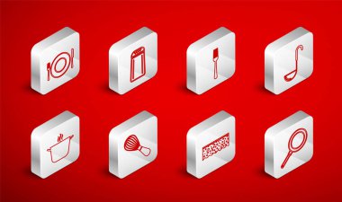 Kızartma tavası tuzu ve biber çatal bıçak çırpma ve pişirme ikonu köpüklü çatal bıçaklı kepçe süngerini ayarlayın. Vektör.