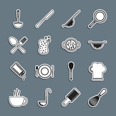 Chef şapkalı süzgeç süngeri, çaprazlanmış çatal kaşığı kepçesi ve tencere ikonunda çorba. Vektör.