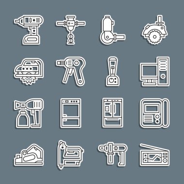 Radio House dahili haberleşme sistemi bilgisayar monitörü, elektrikli elektrikli elektrikli sıcak yapıştırıcı, dairesel kablosuz tornavida ve blender simgesini ayarla. Vektör.