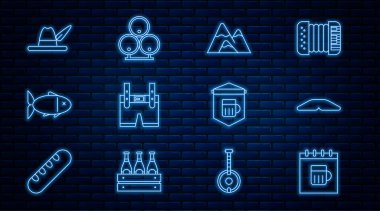 Saint Patricks takvimine göre Ev Yapımı Turta Dağları Lederhosen Balık Oktoberfest şapkası bir bardak bira ve ahşap fıçı ikonu. Vektör.