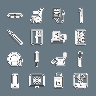 Röntgen cihazı Diş Matkabı, su toplaması, ilaç çantası, ecza dolabı, tıbbi cerrahi neşter, güvenlik gözlüğü ve tansiyon ikonu. Vektör.