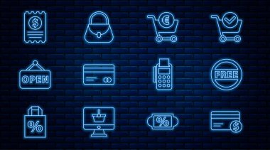 Kredi kartı ve dolar fiyat etiketi ile Ücretsiz Alışveriş arabası euro Hanging tabelası Açık Kağıt çek POS terminal kredisi ve el çantası ikonu. Vektör.