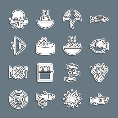 Köpekbalığı Denizyosunu Kirpi Balığı Stingray Teneke Kutusu, havyar balığı ahtapotu ve çorba ikonu. Vektör.