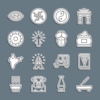 Set hattı Scented spa çubuğu Hindistan anayasası günü Hint baharatı Yin Yang Hristiyan haçı çakra kheer kasesi ve insan ikonu. Vektör.