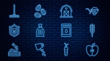 Apple Buğday Çiftliği çizgisi, içi domuz bahçesi tırmığı ve tohum ikonu dolu bitki kalkanı tohumu dolu. Vektör.