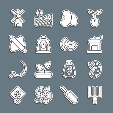 Hat, bahçe yabası manuel kahve öğütücüsü fasulye öğütücüsü hamur değirmeni ve ikon üzerinde yuvarlanan şapka tokası. Vektör.