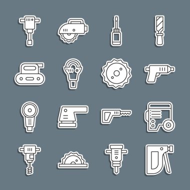 Hat inşaat zımbası elektrik jeneratörü kablosuz tornavida açılı tornavida kırıcı planör matkap ve dairesel testere bıçağı ikonunu ayarla. Vektör.
