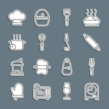 Mutfak kronometresi ızgara çatalı Rolling pin çatalı tırmık çırpma tenceresi aşçı şapkası ve kepçe ikonu. Vektör.