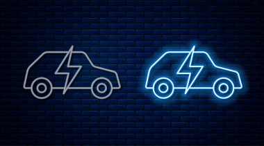 Parlak neon hattı elektrikli araba ve elektrik kablosu şarj ikonu tuğla duvar arka planında izole edilmiş. Yenilenebilir ekolojik teknolojiler. Vektör.