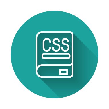 Uzun gölge arkaplan ile izole edilmiş programlama simgesi hakkında beyaz çizgi kitapları. Dil programlama konsepti. PHP, CSS, XML, HTML, Javascript öğrenme. Yeşil daire düğmesi. Vektör.