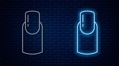 Parlayan neon hattı manikür ikonu tuğla duvar arka planında izole edildi. Vektör.