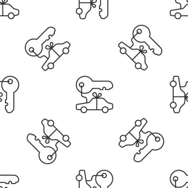 Gri çizgi araba hediye ikonu beyaz arka planda izole edilmiş kusursuz desen. Araba anahtarı ödülü. Vektör.