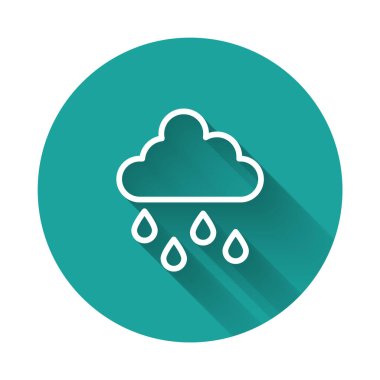 Beyaz çizgi bulutu, uzun gölge arkaplan izole edilmiş yağmur ikonu. Yağmur damlaları ile yağmur bulutu yağışı. Yeşil daire düğmesi. Vektör.