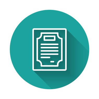 Beyaz çizgi sertifika şablon simgesi uzun gölge arkaplan izole. Başarı, ödül, diploma, burs, diploma kavramları. Yeşil daire düğmesi. Vektör.