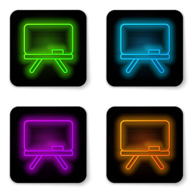Beyaz arkaplanda parlayan neon çizgisi Chalkboard simgesi izole edildi. Okul karatahtası. Siyah kare düğme. Vektör.