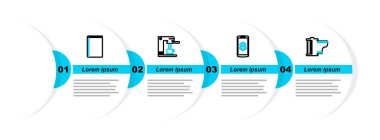 Kamera, yuvarlak kartuşu, akıllı telefon, kahve makinesi, bardak ve kitap ikonu ile ayarla. Vektör.