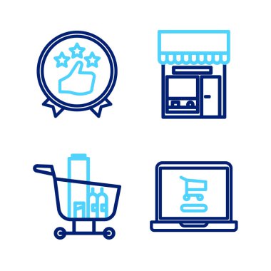 Dizüstü bilgisayarda ve gıda üretiminde ya da pazar mağazasında ve tüketici müşteri ürün derecelendirme ikonunda alışveriş arabası ayarlayın. Vektör.