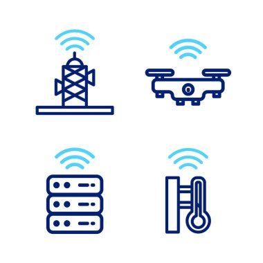 Akıllı termometre sunucu dronu ve kablosuz anten simgesini ayarla. Vektör.