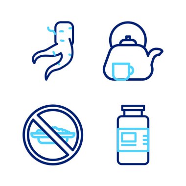 Kollajen serumunu hazırla. Yiyecek, bardaklı diyet çaydanlık ve zencefil kökü ikonu olmasın. Vektör.