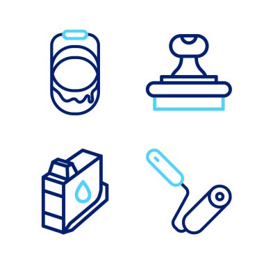 Çizgi boyası fırça yazıcı mürekkep kartuşu damgası ve kova simgesini ayarla. Vektör.