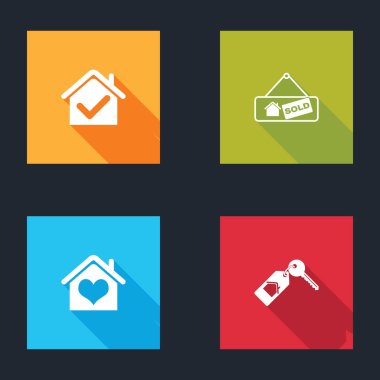 House 'u işaretli, asılma işareti satıldı, kalp şekli ve anahtar simgesi olarak ayarla. Vektör.