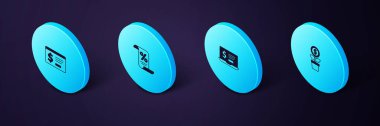 Isometric Dollar fabrikası, dolarlı dizüstü bilgisayar, finans belgesi ve online bankacılık simgesini ayarla. Vektör.