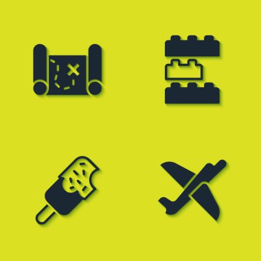 Korsan Hazine Haritası Oyuncak Uçak Dondurması ve tuğla ikonu yapın. Vektör.