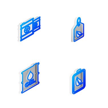 Isometric hattı etiketini yaprak, radyoaktif atık varil, yağ ve eko doğa ve pil ikonu ile ayarla. Vektör.