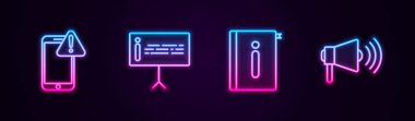 Satır Mobil 'i ünlem işareti, bilgi, kullanıcı kılavuzu ve megafonla ayarla. Parlayan neon ikonu. Vektör.