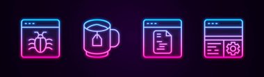 Hattı ayarla Sistem hatası, çay poşetli çay, Yazılım ve Hata Ayıklama. Parlayan neon ikonu. Vektör.