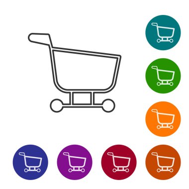 Siyah çizgili alışveriş arabası simgesi beyaz arkaplanda izole edilmiş. Yiyecek dükkanı, süpermarket. Simgeleri renk daire düğmelerine ayarla. Vektör İllüstrasyonu.