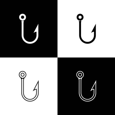 Balıkçılık kancası simgesini siyah ve beyaz arkaplanda izole et. Balık oltası. Vektör İllüstrasyonu.