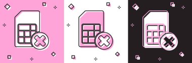 Sim kart reddedildi simgesini pembe ve beyaz, siyah arkaplanda izole et. Cep telefonu sim kart çipi. Mobil telekomünikasyon teknolojisi sembolü. Vektör.