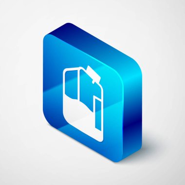 Isometric Printer ink bottle icon isolated on grey background. Blue square button. Vector.