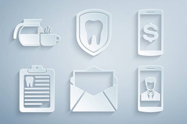 Posta ve e-posta akıllı telefonuna dolar dolarlık Dişçi kartı, diş koruma ve kahve fincanı ikonu ekle. Vektör.