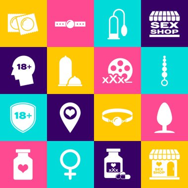 Set Sex shop building Anal plug beads Penis pump Condoms safe sex Head with 18 plus package and Film reel icon. Vector.