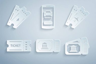 Müze biletini ayarlayın Online bilet otomobil paylaşımı ve tren simgesi. Vektör.