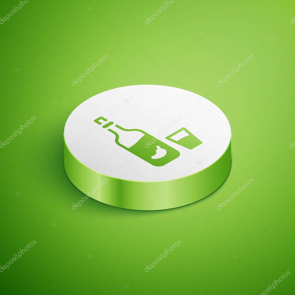 Isometric Vodka with pepper and glass icon isolated on green background. Ukrainian national alcohol. White circle button. Vector.