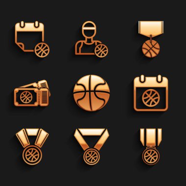 Basketbol madalyasını maç biletine ve ikona kur. Vektör.