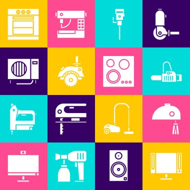Akıllı TV Elektrikli Karıştırıcı Elektrikli Elektrikli Elektrikli Testere İnşaat matkabını dairesel ve klima simgesini ayarla. Vektör.