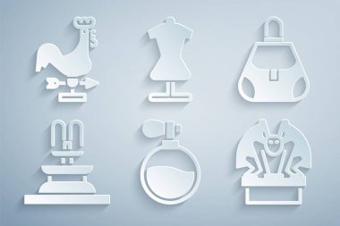 Parfüm Torbası Çeşme Gargoyle 'u kaidesel manken ve horoz rüzgar gülü ikonuna ayarlayın. Vektör.