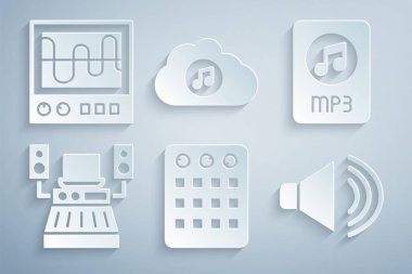 Drum machine MP3 dosya dökümanı Müzik kayıt stüdyosu Speaker ses yayın servisi ve Oscilloscope simgesini ayarla. Vektör.