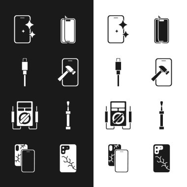 Mobil ekranı kırık USB kablo kablosu, cam koruyucu çoklu metre tornavida ve simge ile ayarla. Vektör.