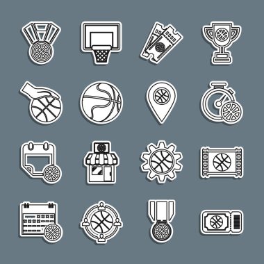 Basketbol maçı biletini basketbol eli madalyası ve konum ikonuyla belirle. Vektör.