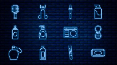 Aynalı Pipette Şişesi Sıvı Saç Fırçası Göz farı paleti ve Kirpik bigudi ikonu ile bir kalıp sabun hazırla. Vektör.