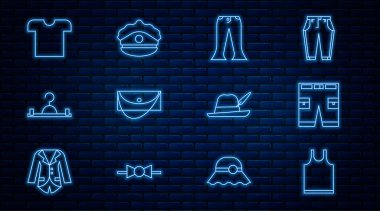 Çizgisiz kolsuz tişört ya da pantolon debriyaj çantası elbise askısı Oktoberfest şapka ve kokkade ikonlu polis şapkası. Vektör.