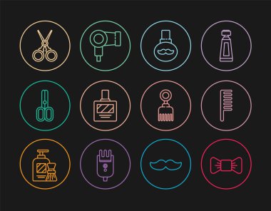 Bow kravatlı saç fırçası sakalı ve bıyıklı yağ şişesi tıraş losyonu, kuaför ve kurutma makinesi ikonu. Vektör.